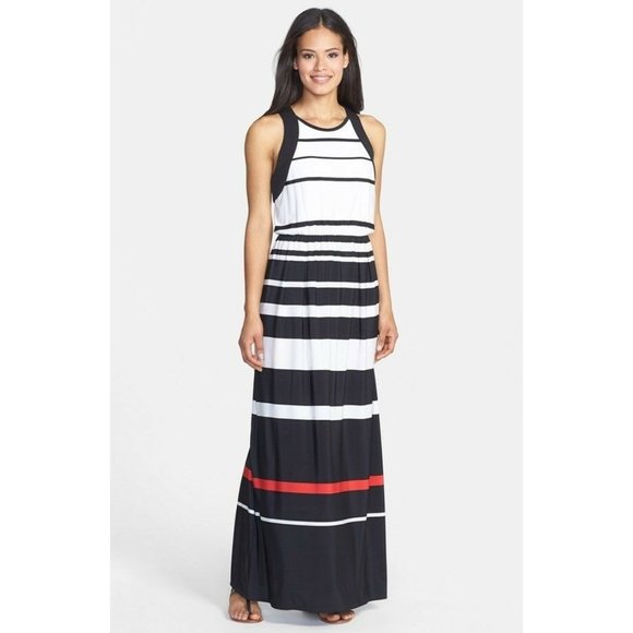 Donna Ricco | Dresses | Donna Ricco Stripe Jersey Black White Red Maxi ...